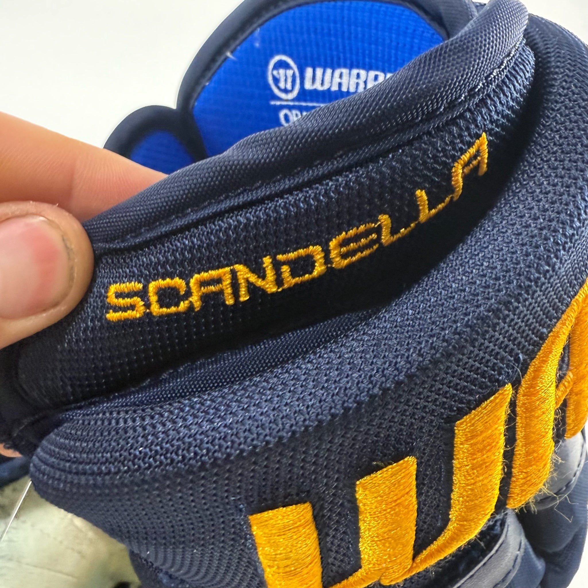 Used Navy STL Blues Warrior QR1 Pro Gloves | 14" | Scandella | D175 - Top Flight Hockey