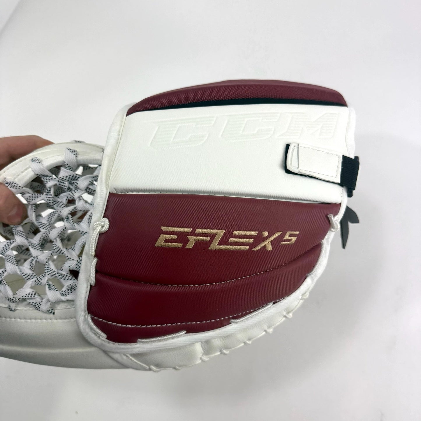 New Regular White and Maroon CCM EFlex 5 Goalie Glove | Denver | 590 Break