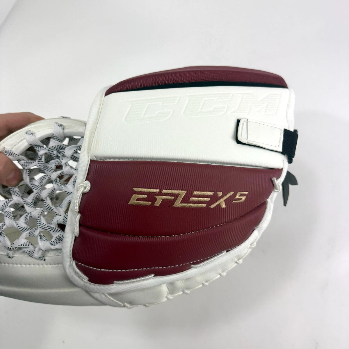 New Regular White and Maroon CCM EFlex 5 Goalie Glove | Denver | 590 Break - Top Flight Hockey