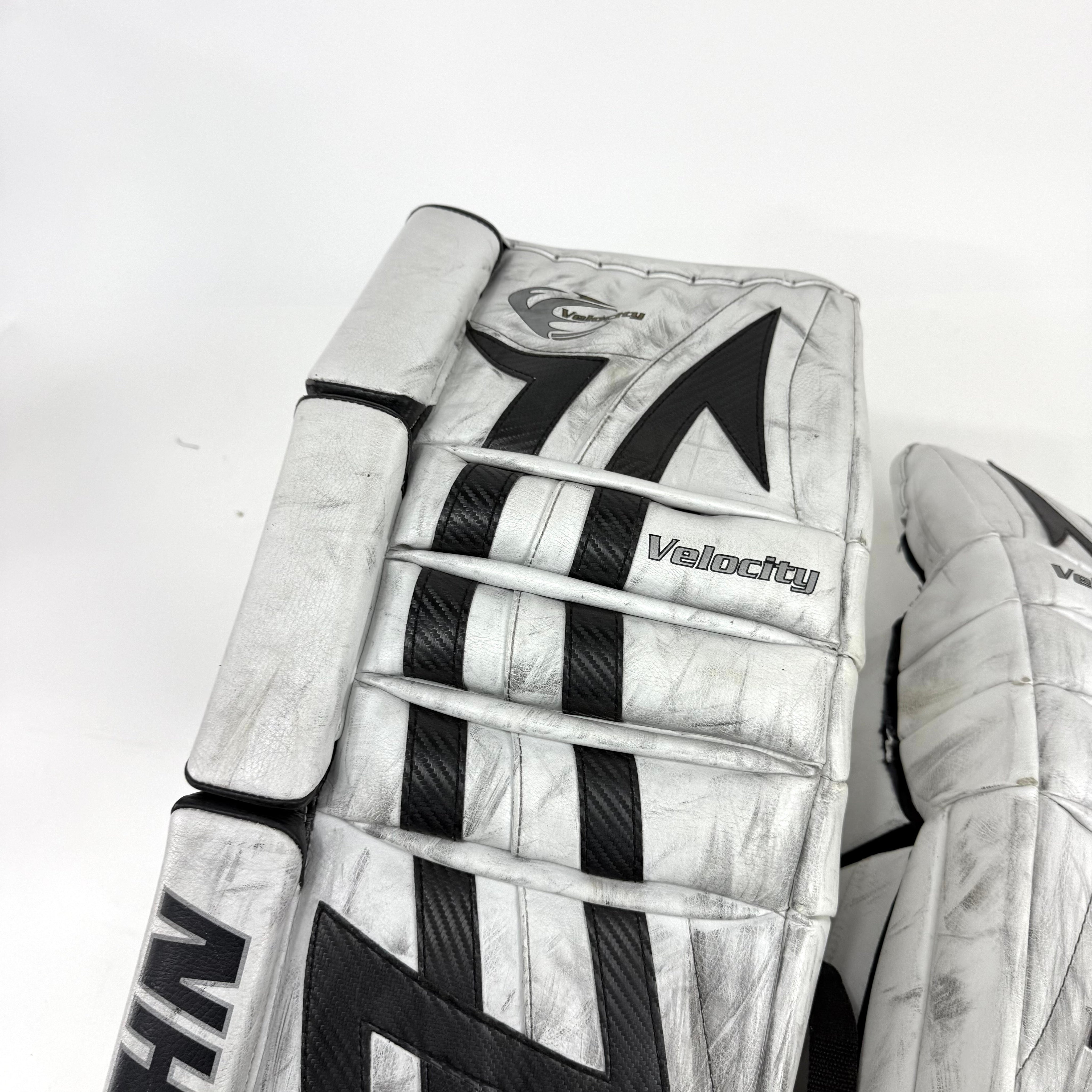 Used White and Black Vaughn Velocity 7400 Goalie Pads | 34 +1" - Top Flight Hockey