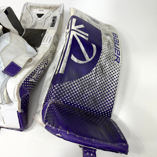 Used White and Purple Bauer Hyperlite Goalie Leg Pads | Size Small | 33+1" - Top Flight Hockey