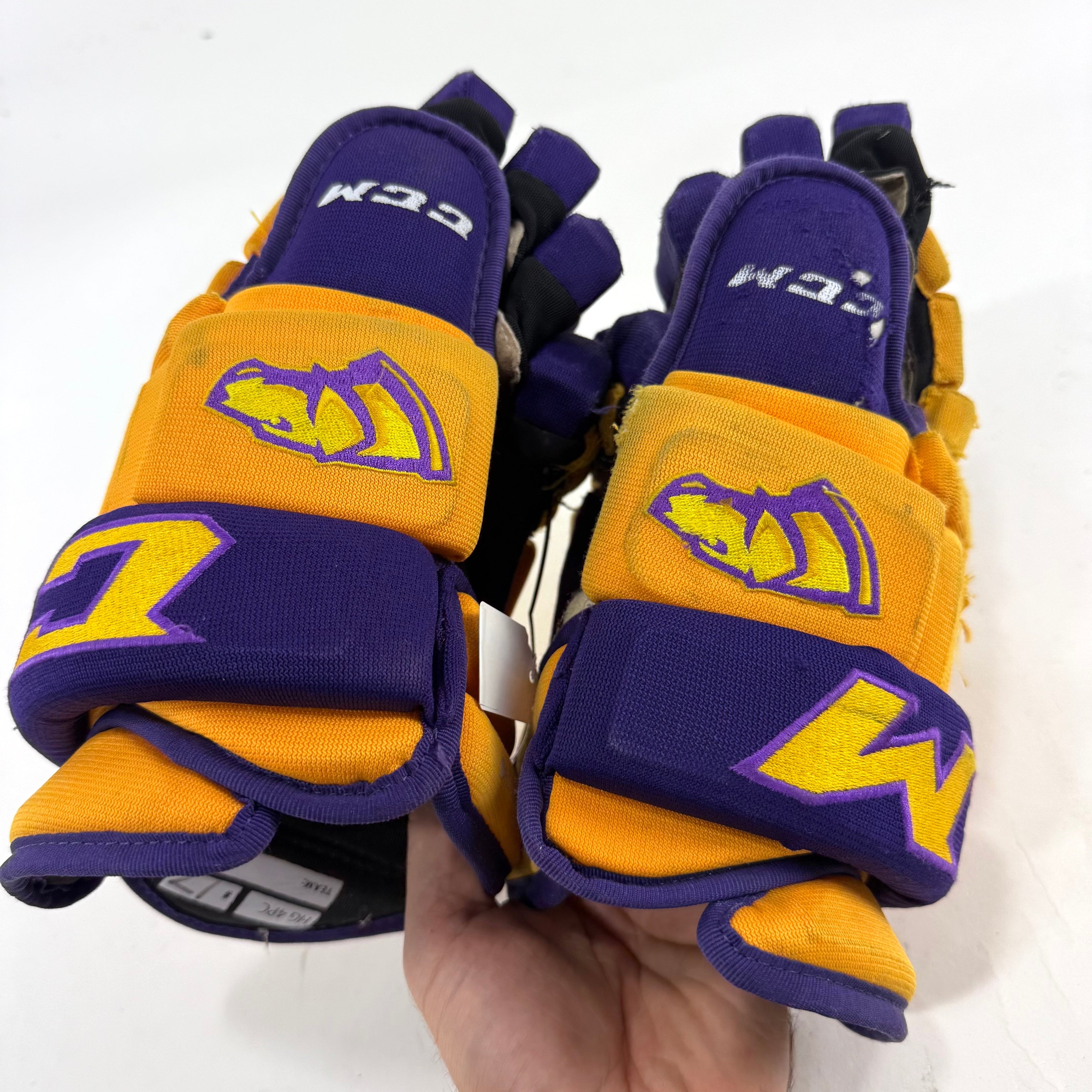Used Yellow and Purple CCM 4 Roll Pro Gloves | 14" | E550 - Top Flight Hockey