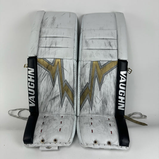 Used Vegas Knights White and Gold Vaughn V9 Goalie Leg Pads | Saville | 35+1" - Top Flight Hockey