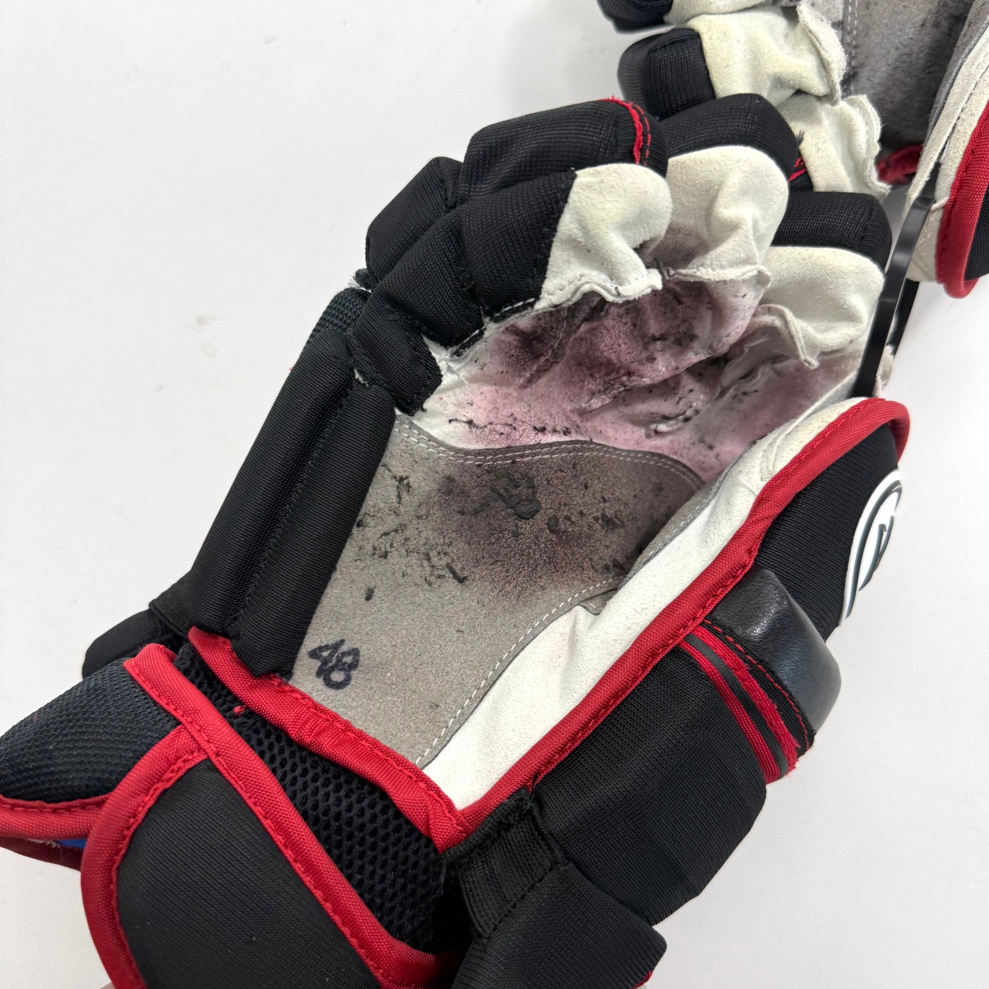Used Black and Red Chicago Blackhawks Warrior Covert Pro Gloves | 13" | Grzelcyk | BH274 - Top Flight Hockey