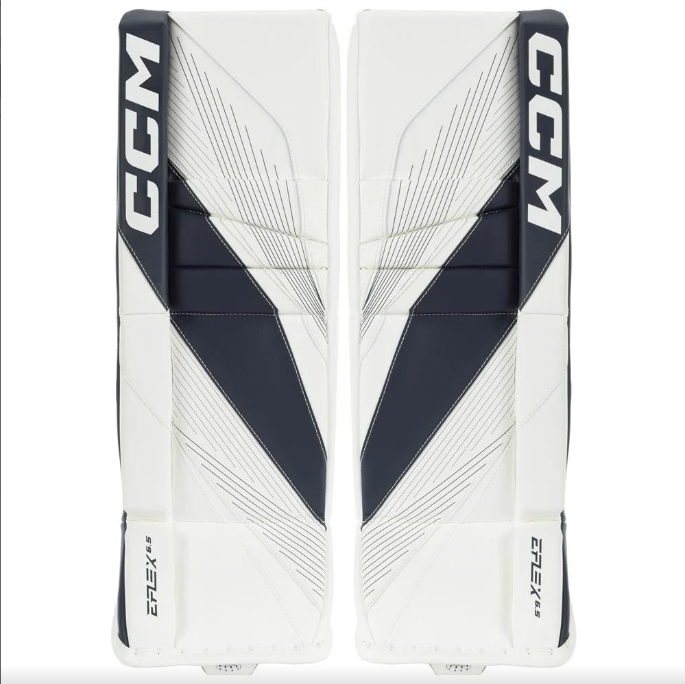 New CCM White and Navy E Flex 6.5 Goalie Pads | 30+1" | #191520631307 - Top Flight Hockey