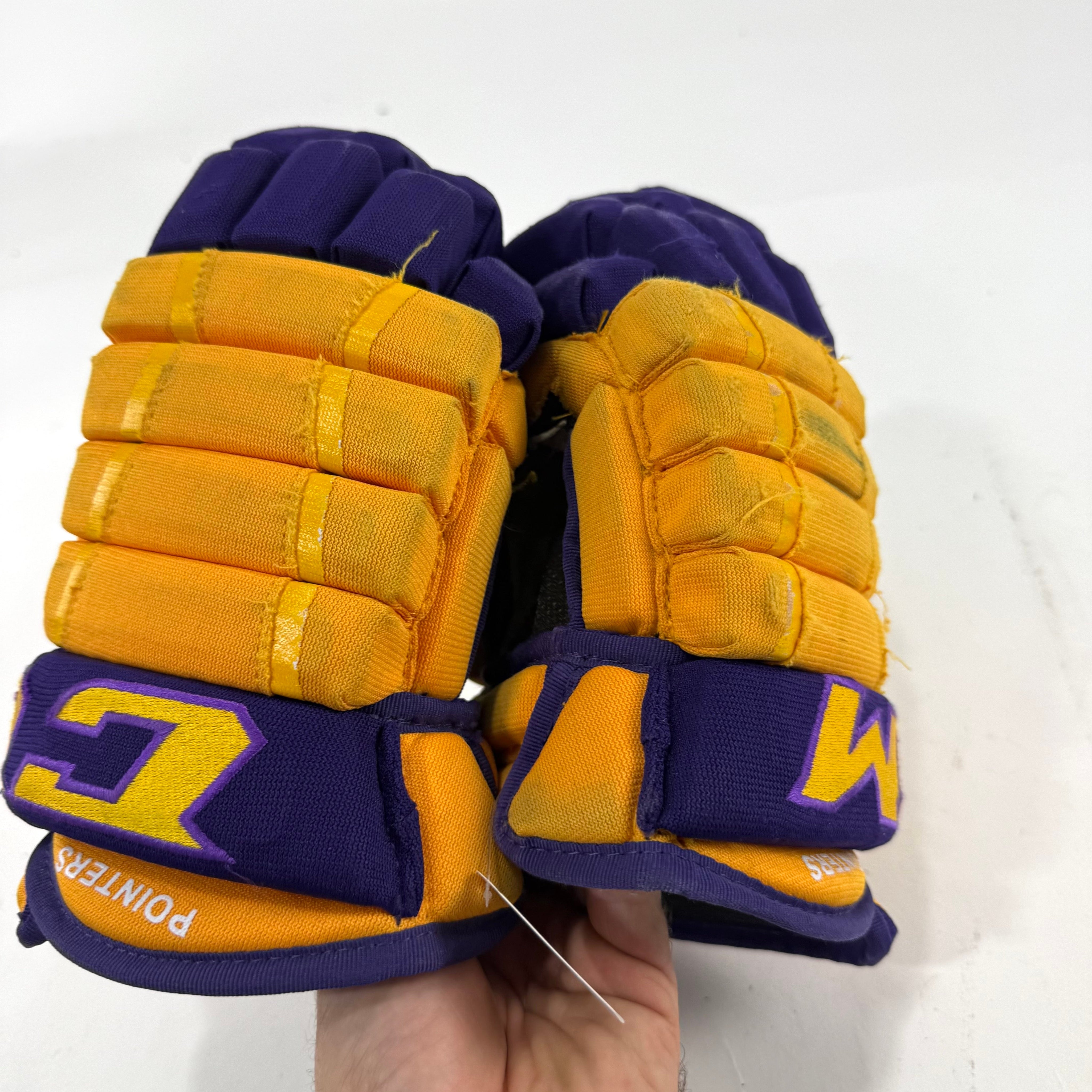 Used Yellow and Purple CCM 4 Roll Pro Gloves | 13" | E519