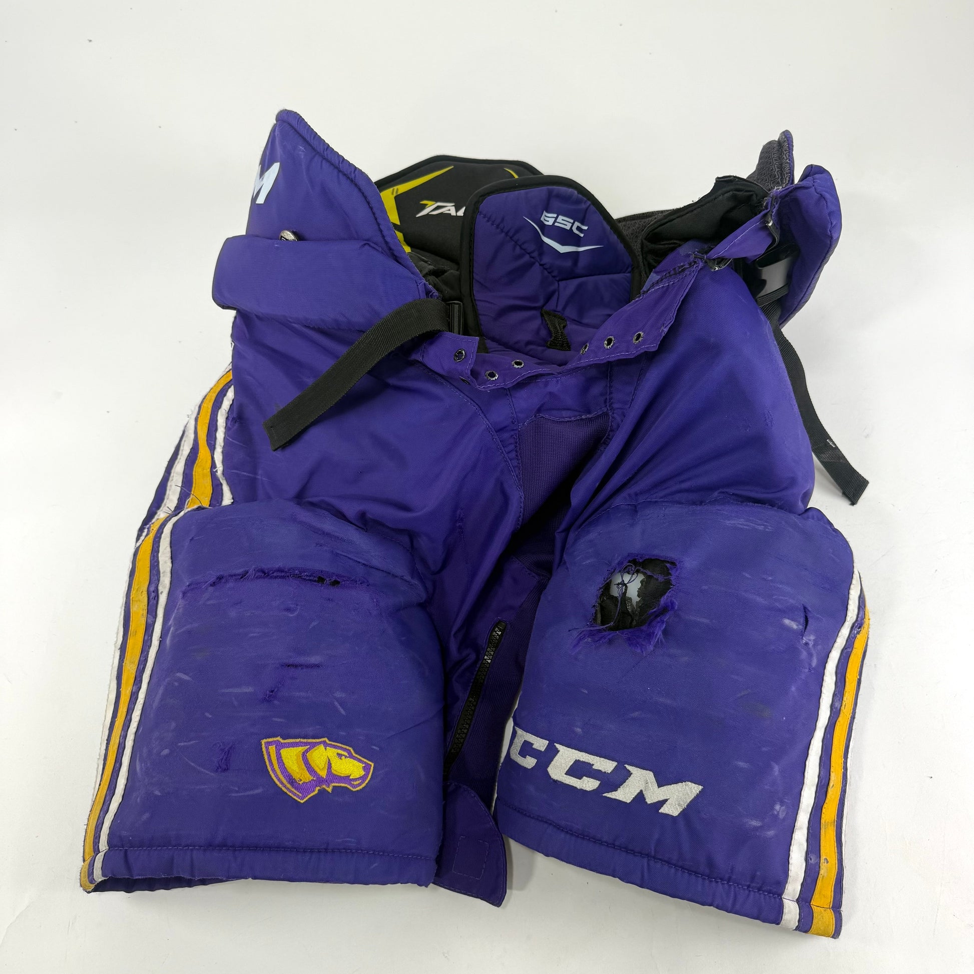Used Purple/Yellow CCM Tacks 65C Pants | Large | E538 - Top Flight Hockey