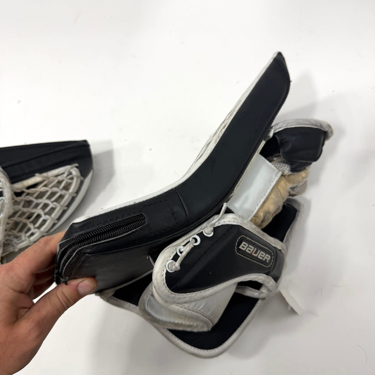 Used Black and White Regular Bauer Re-flex 6 Goalie Glove and Blocker | Junior