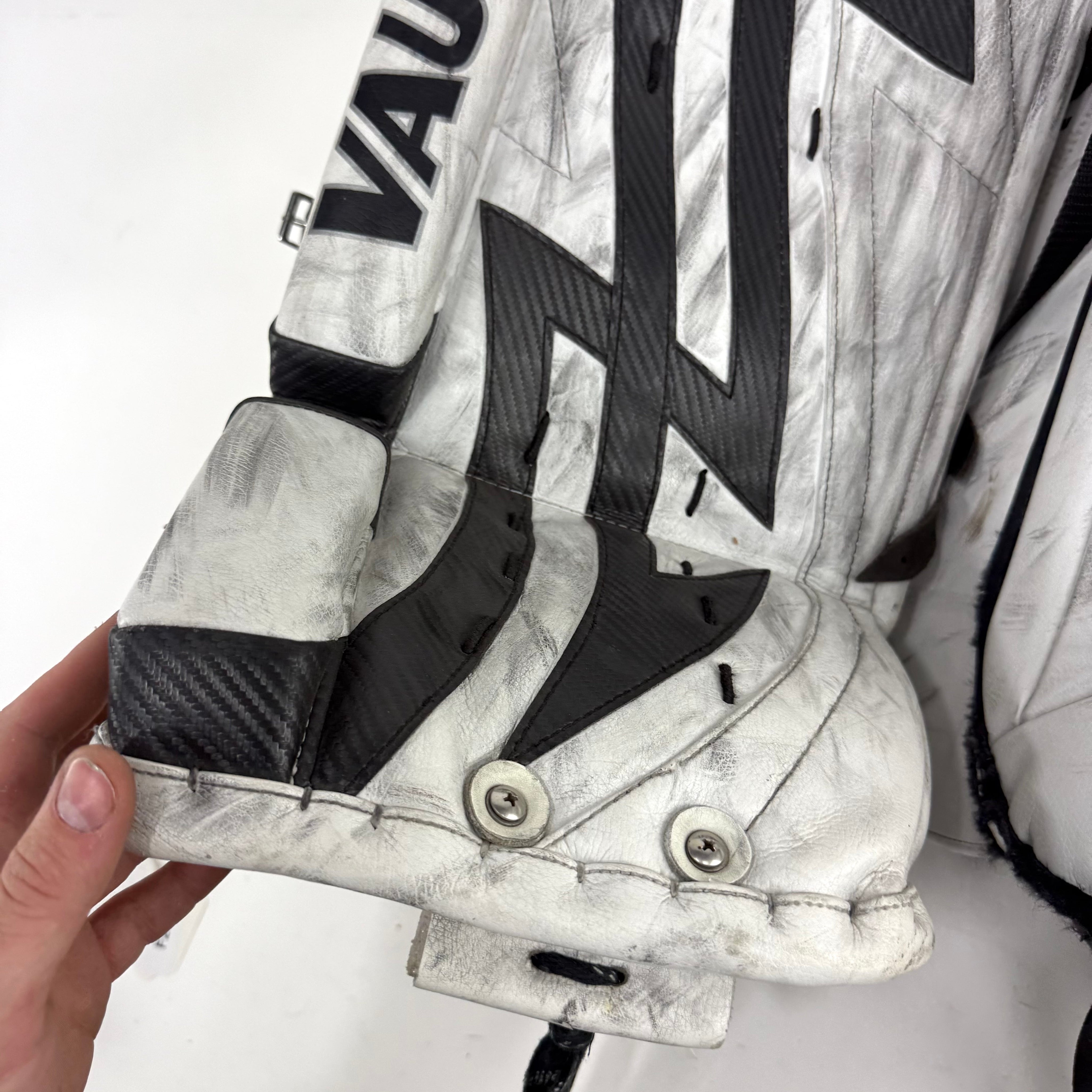 Used White and Black Vaughn Velocity 7400 Goalie Pads | 34 +1" - Top Flight Hockey