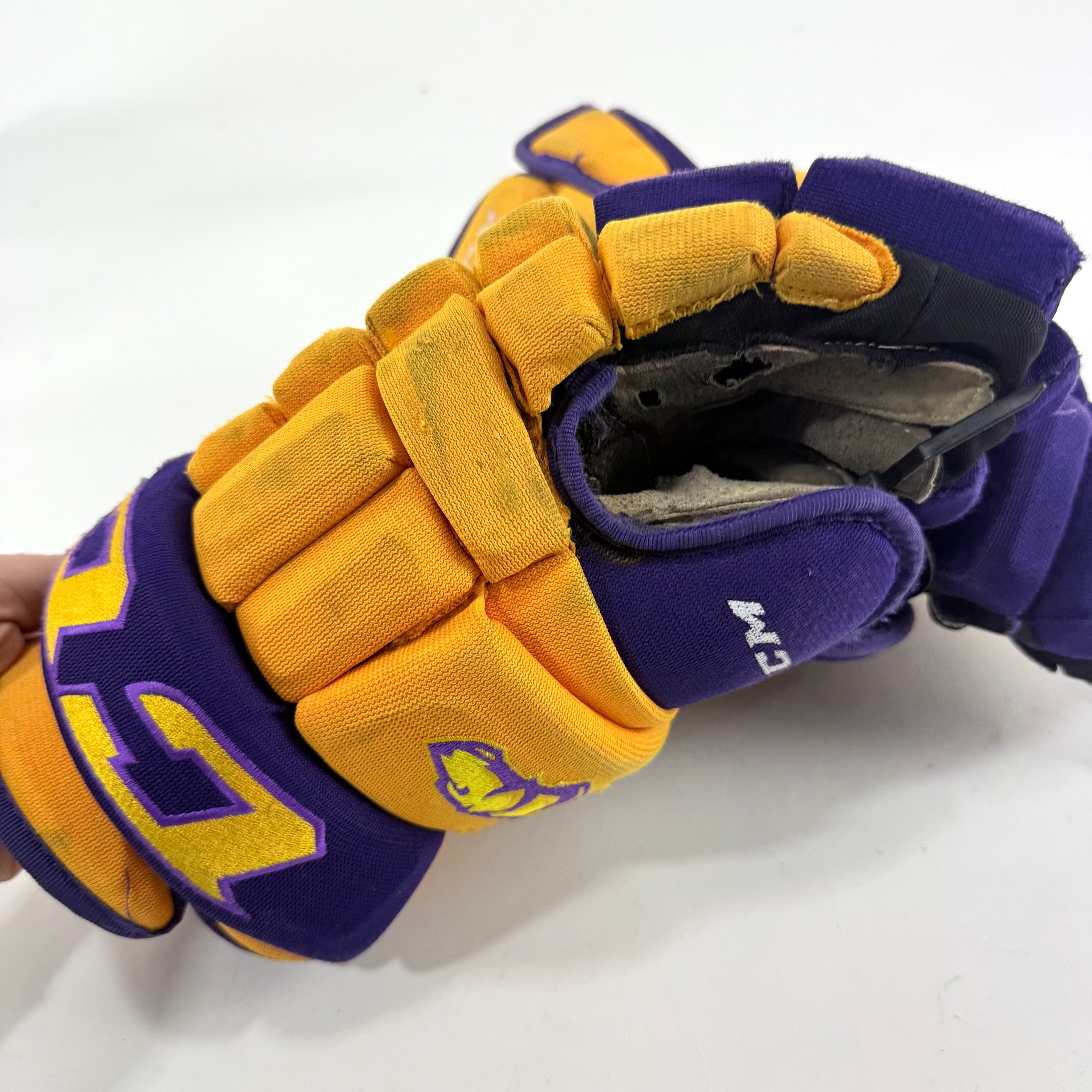 Used Yellow and Purple CCM 4 Roll Pro Gloves | 14" | E559 - Top Flight Hockey