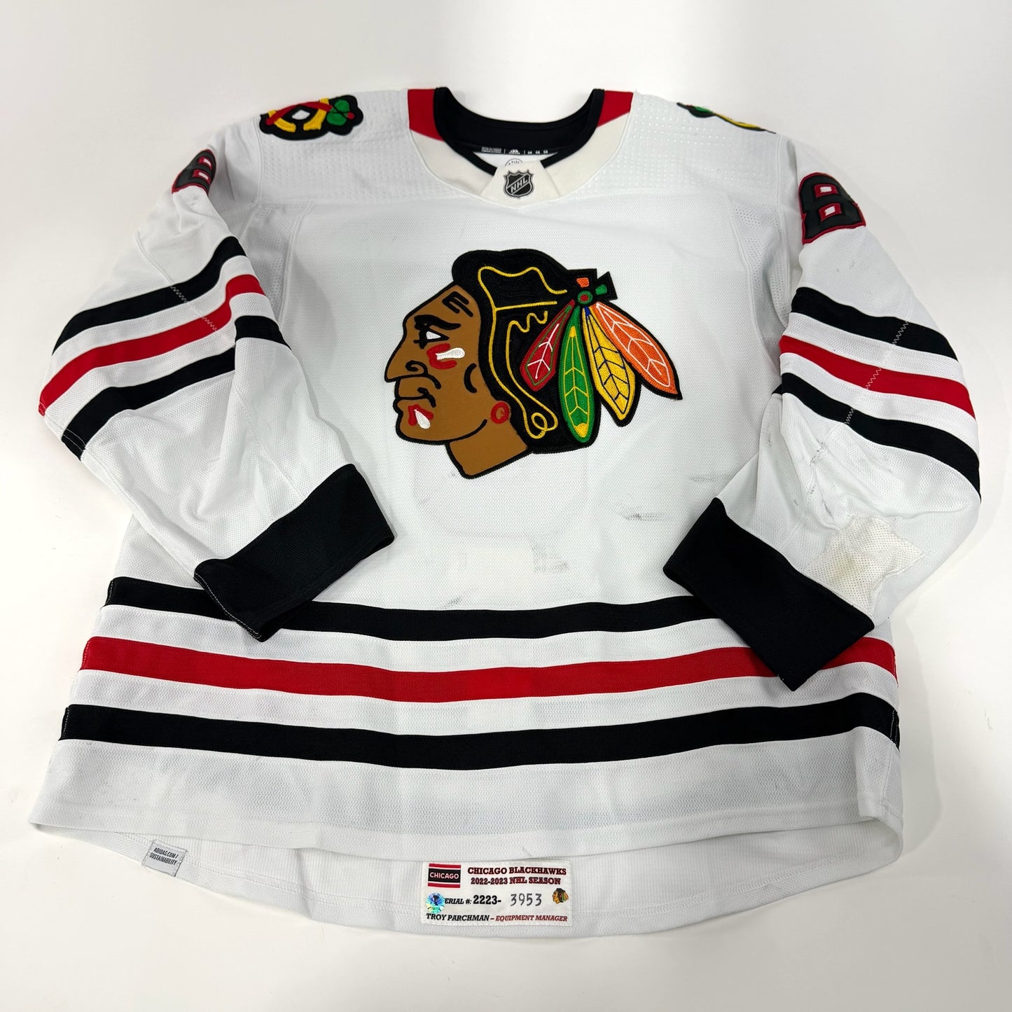 Jack Johnson #8 Away Chicago Blackhawks Game Worn Jersey 2022-2023, Set 1 | Size 58 | 3953-25514