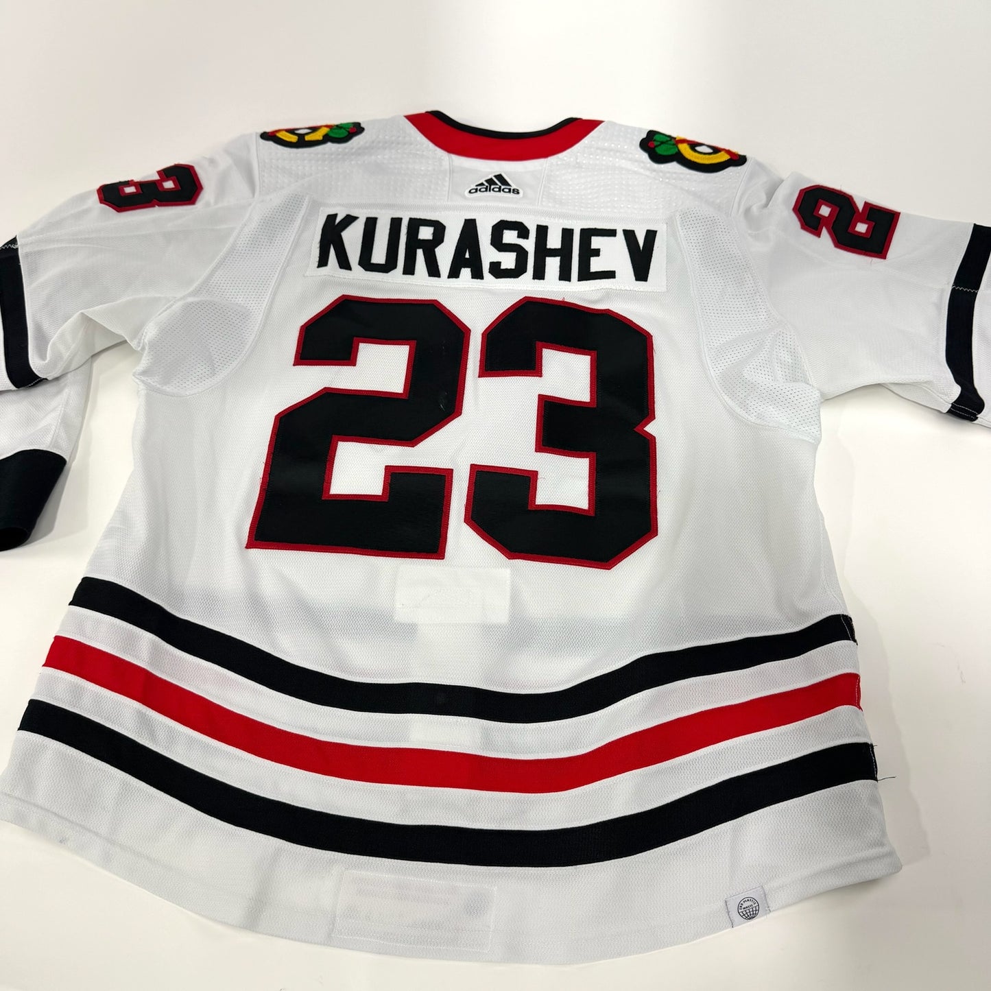 Philipp Kurashev #23 Away Chicago Blackhawks Game Worn Jersey 2023-2024, Set 2 | Size 56 | 1119-25580