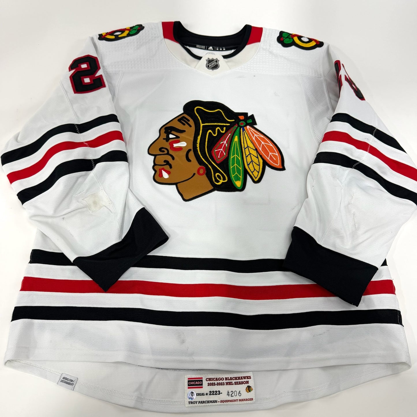 Philipp Kurashev #23 Away Chicago Blackhawks Game Worn Jersey 2022-2023, Set 1 | Size 56 | 4206-25535