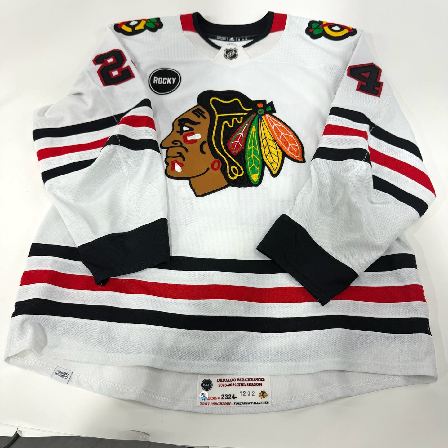 Jaycob Megna #24 Away Chicago Blackhawks Game Worn Jersey 2023-2024, Set 2 | Size 58 | 1292-23757