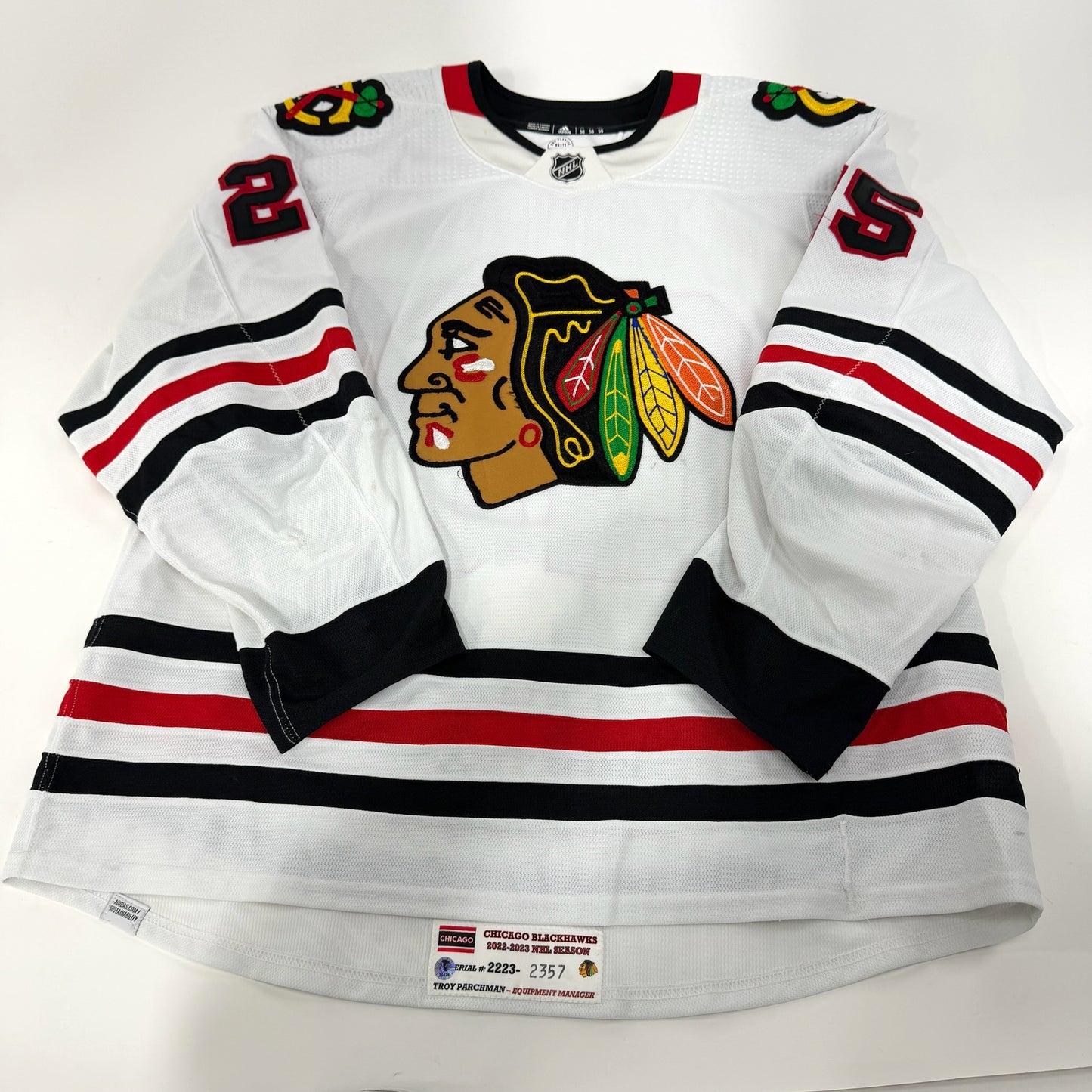 Jarred Tinordi #25 Away Chicago Blackhawks Game Worn Jersey 2022-2023, Set 1 | Size 58 | 2357-25526