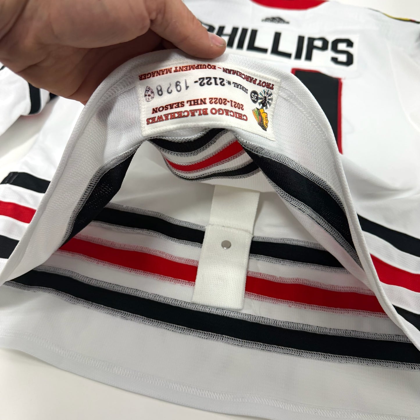 Isaak Phillips #41 Away Chicago Blackhawks Game Worn Jersey 2021-2022, Set 1 | Size 56 | 1928-25549