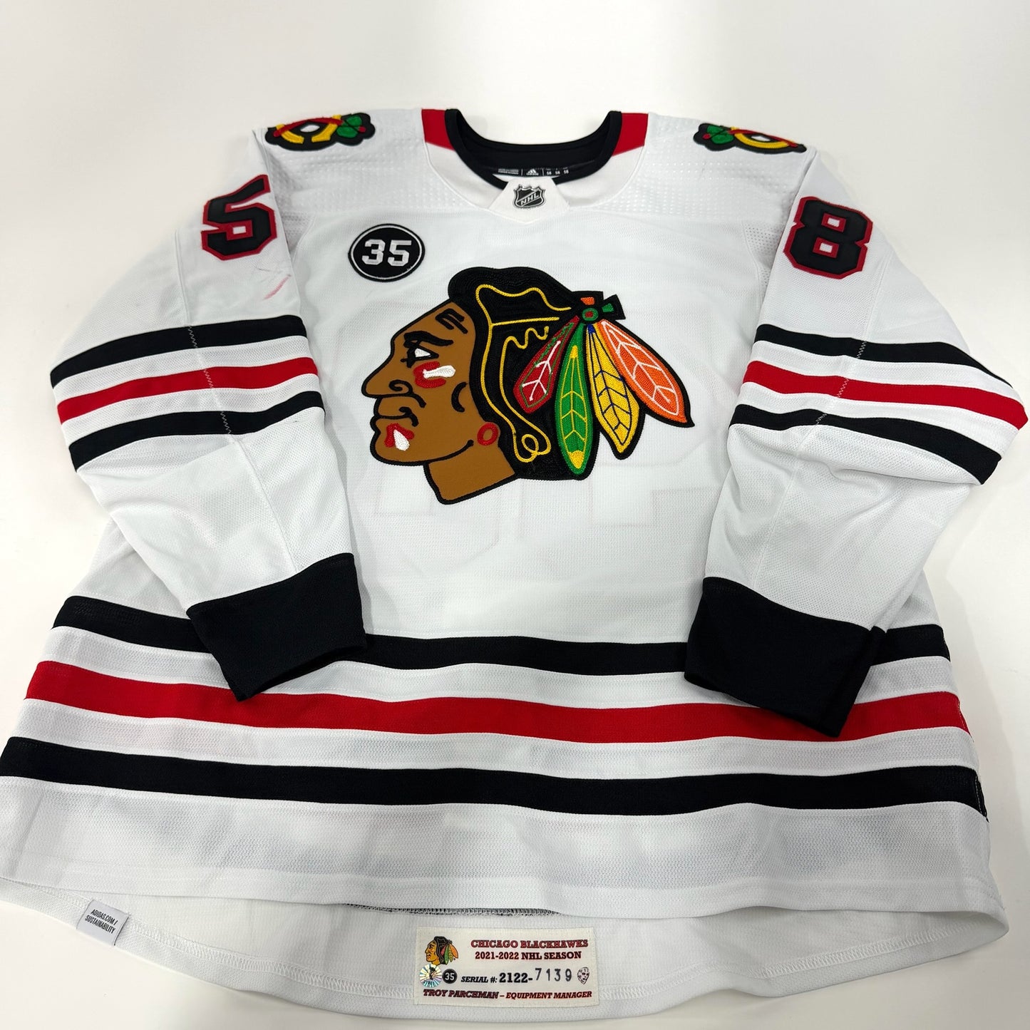 MacKenzie Entwistle #58 Away Chicago Blackhawks Game Worn Jersey 2021-2022, Set 1 | Size 58 | 7139-21901