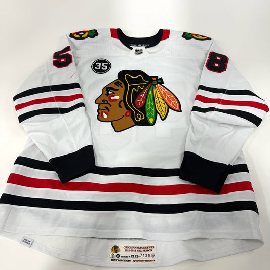 MacKenzie Entwistle #58 Away Chicago Blackhawks Game Worn Jersey 2021-2022, Set 1 | Size 58 | 7139-21901