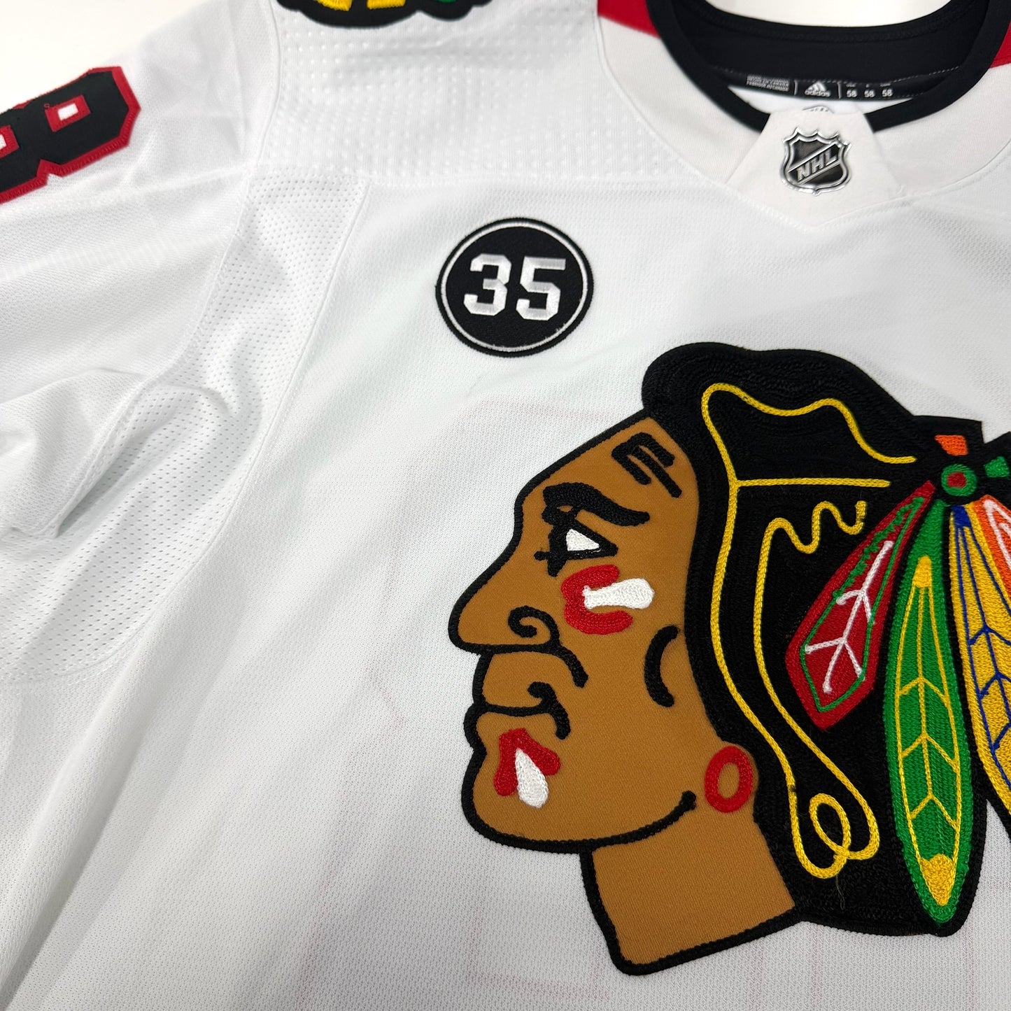 MacKenzie Entwistle #58 Away Chicago Blackhawks Game Worn Jersey 2021-2022, Set 1 | Size 58 | 7139-21901
