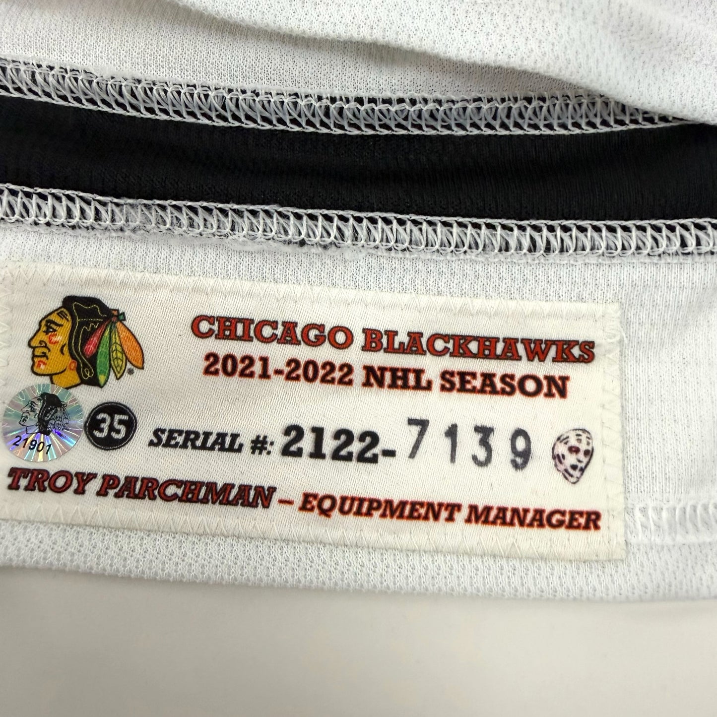 MacKenzie Entwistle #58 Away Chicago Blackhawks Game Worn Jersey 2021-2022, Set 1 | Size 58 | 7139-21901