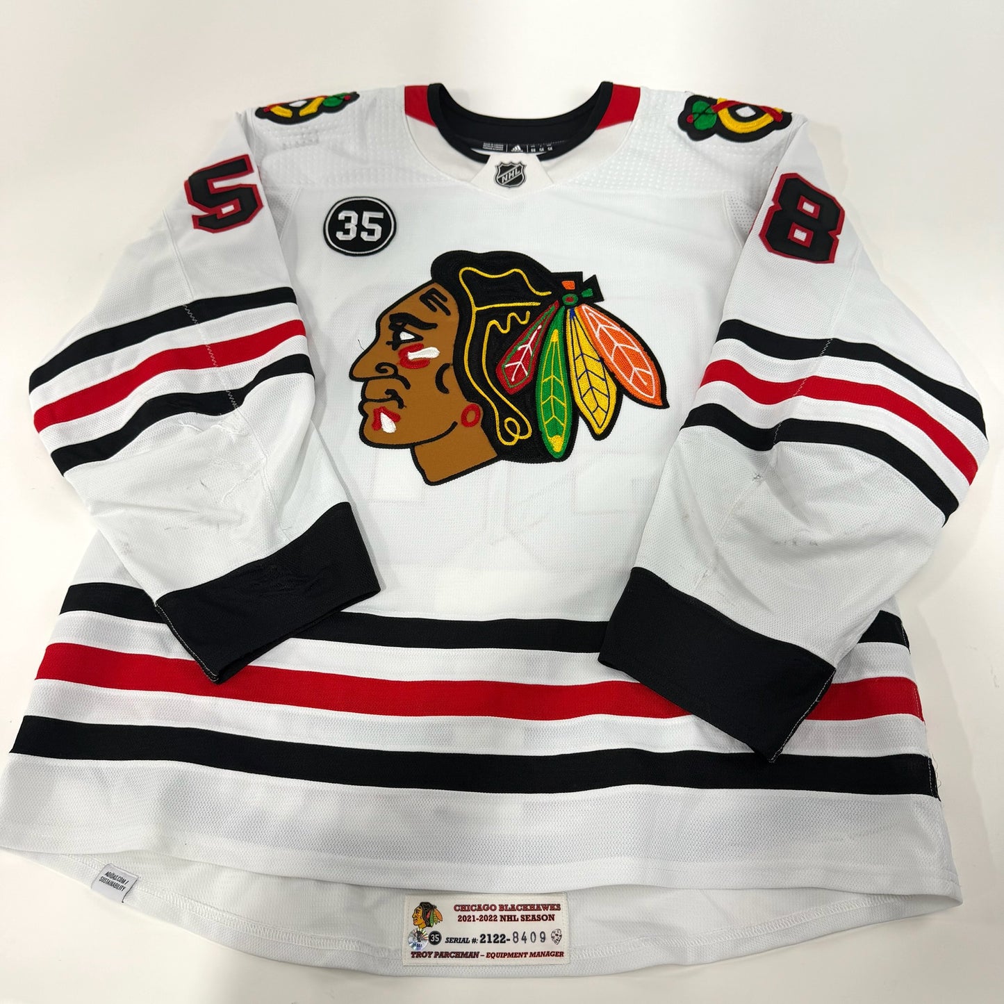MacKenzie Entwistle #58 Away Chicago Blackhawks Game Worn Jersey 2021-2022, Set 2 | Size 58 | 8409-25551