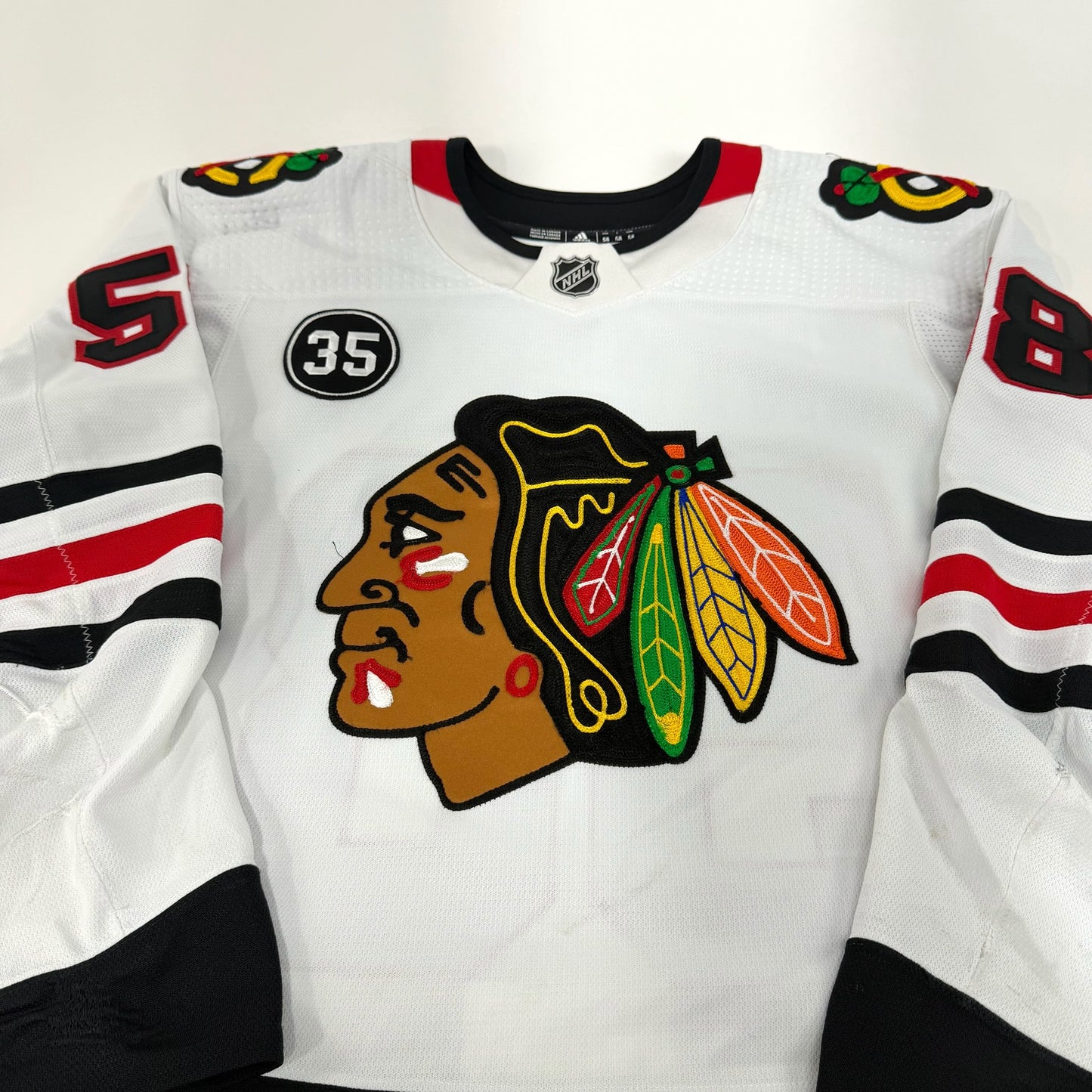 MacKenzie Entwistle #58 Away Chicago Blackhawks Game Worn Jersey 2021-2022, Set 2 | Size 58 | 8409-25551