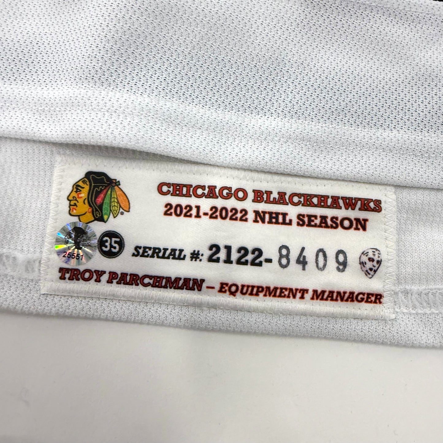 MacKenzie Entwistle #58 Away Chicago Blackhawks Game Worn Jersey 2021-2022, Set 2 | Size 58 | 8409-25551