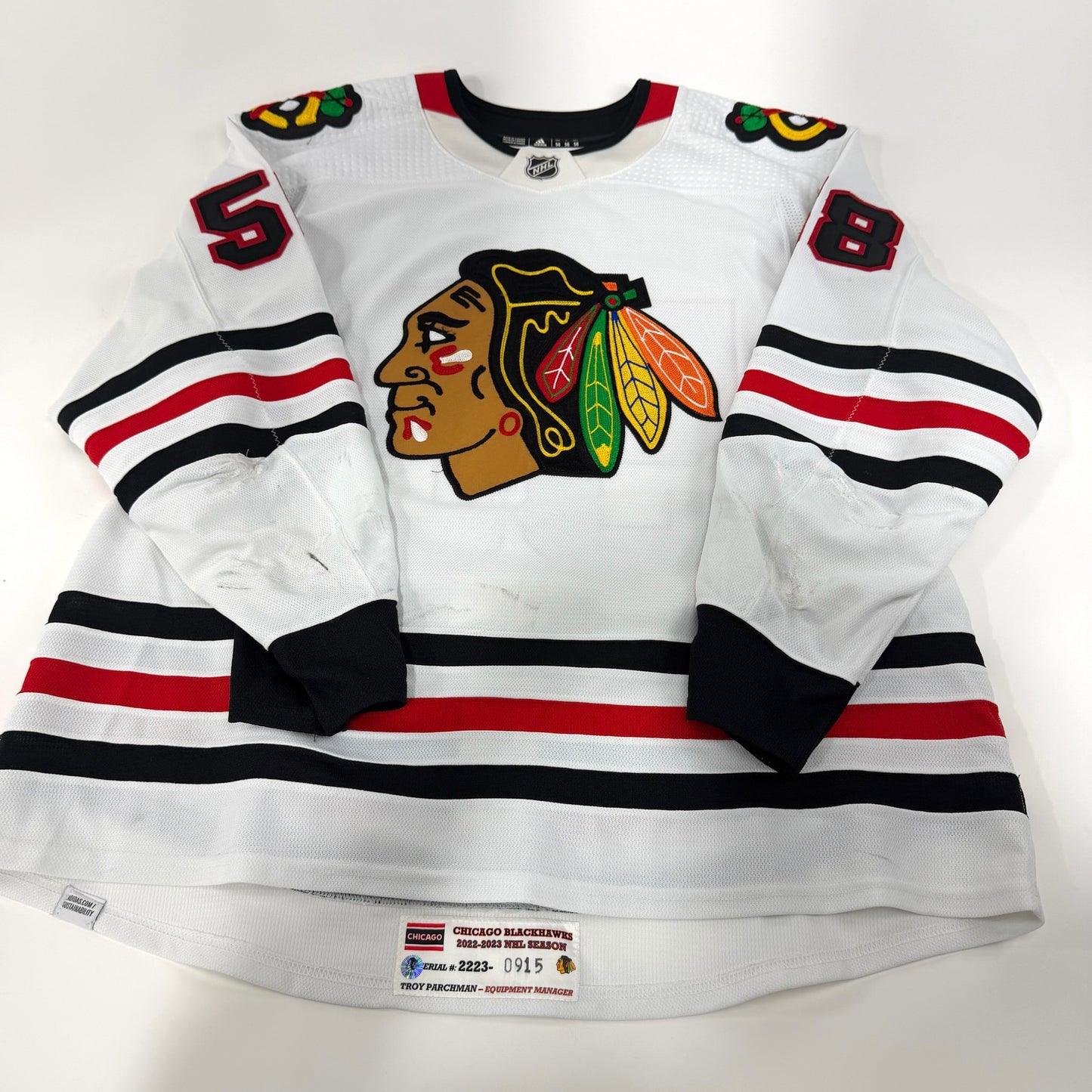 MacKenzie Entwistle #58 Away Chicago Blackhawks Game Worn Jersey 2022-2023, Set 2 | Size 58 | 915-25513