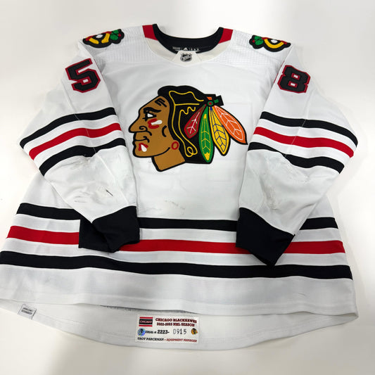 MacKenzie Entwistle #58 Away Chicago Blackhawks Game Worn Jersey 2022-2023, Set 2 | Size 58 | 915-25513