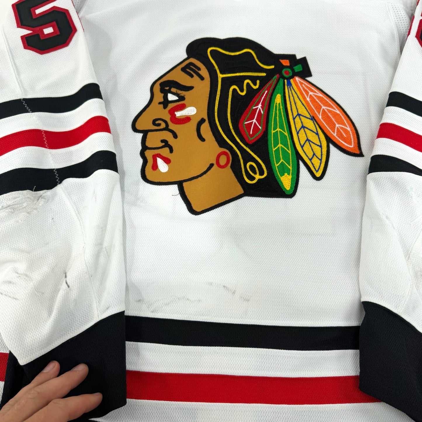 MacKenzie Entwistle #58 Away Chicago Blackhawks Game Worn Jersey 2022-2023, Set 2 | Size 58 | 915-25513