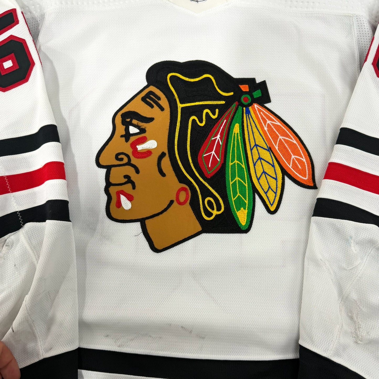 MacKenzie Entwistle #58 Away Chicago Blackhawks Game Worn Jersey 2022-2023, Set 2 | Size 58 | 915-25513