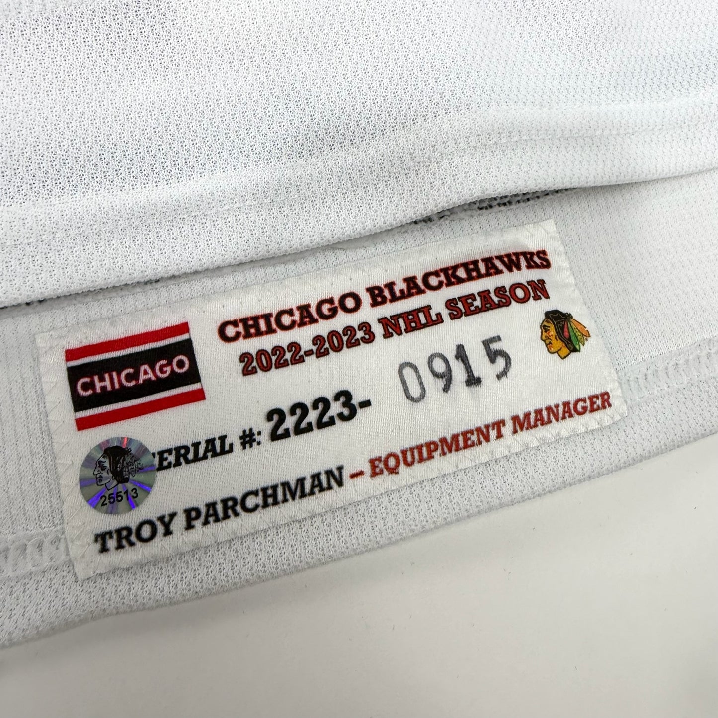 MacKenzie Entwistle #58 Away Chicago Blackhawks Game Worn Jersey 2022-2023, Set 2 | Size 58 | 915-25513