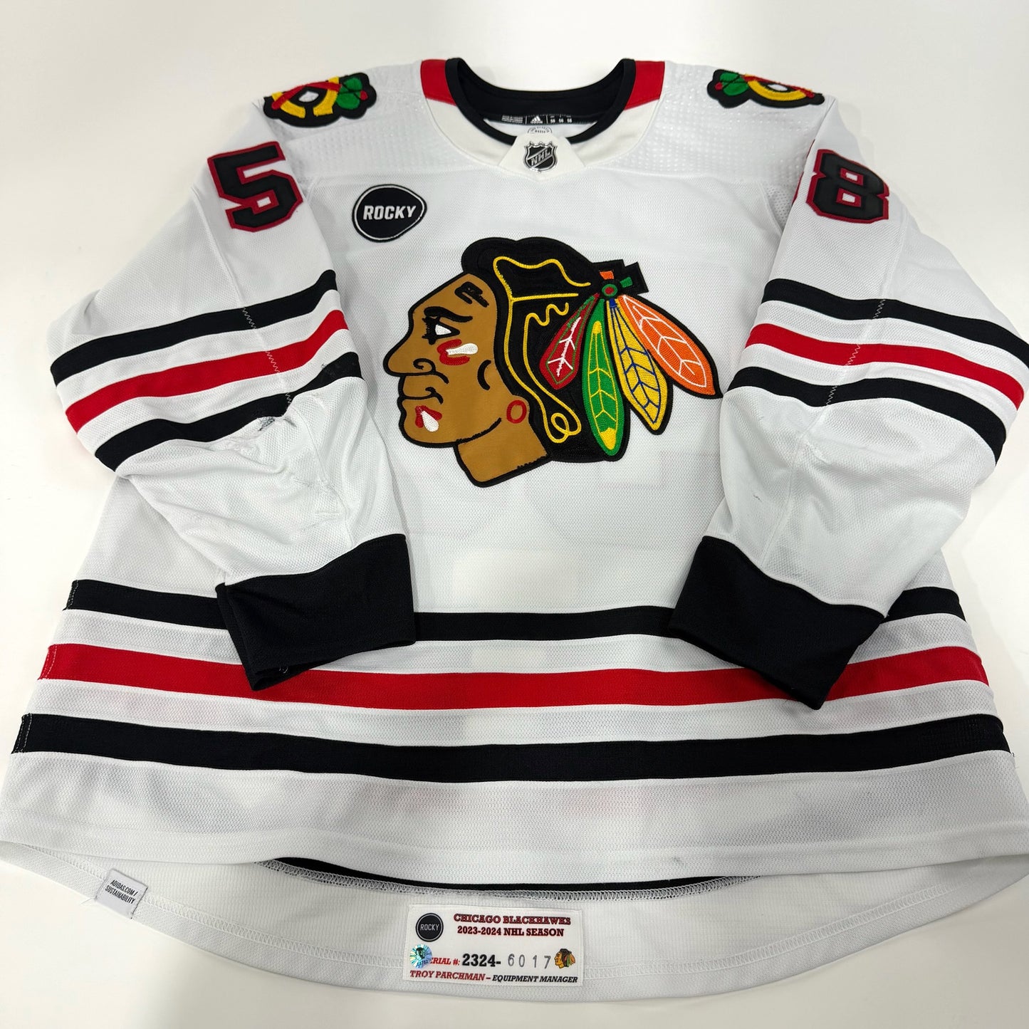MacKenzie Entwistle #58 Away Chicago Blackhawks Game Worn Jersey 2023-2024, Set 2 | 6017-23752