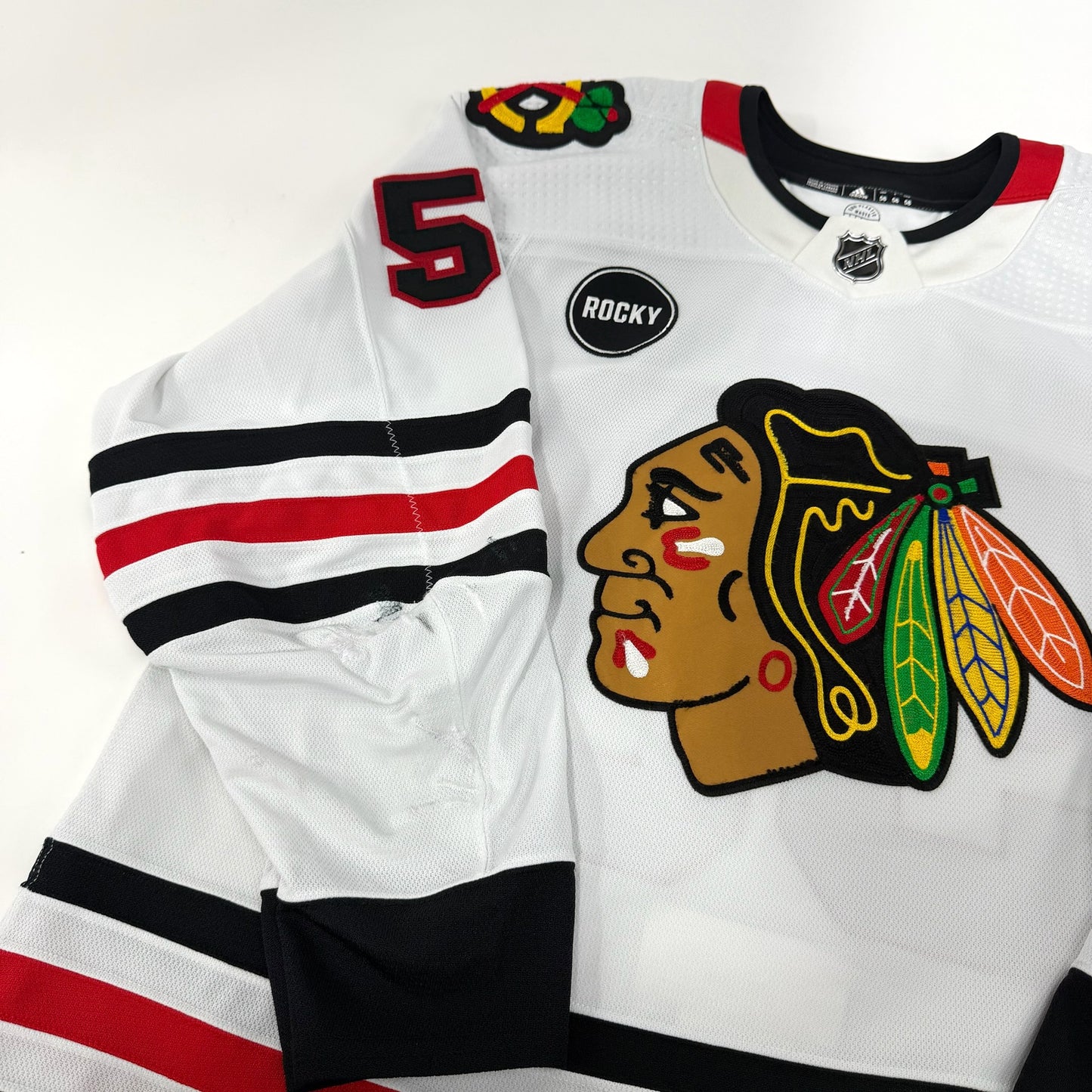 MacKenzie Entwistle #58 Away Chicago Blackhawks Game Worn Jersey 2023-2024, Set 2 | Size 58 | 6017-23752