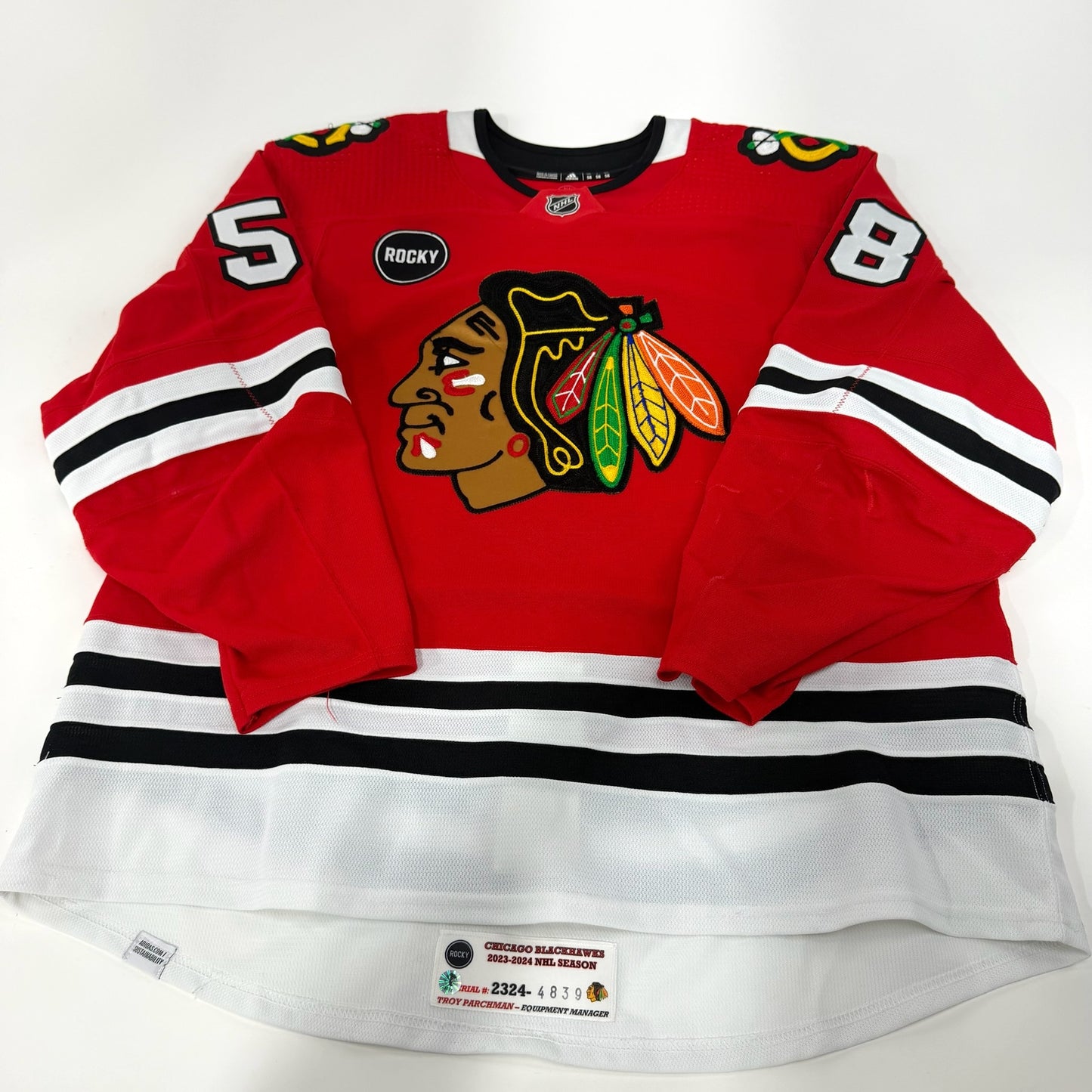 MacKenzie Entwistle #58 Home Chicago Blackhawks Game Worn Jersey 2023-2024, Set 2 | Size 58| 4839-25575