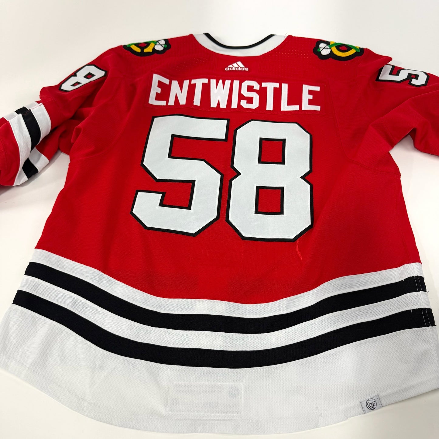 MacKenzie Entwistle #58 Home Chicago Blackhawks Game Worn Jersey 2023-2024, Set 2 | Size 58| 4839-25575