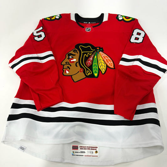 MacKenzie Entwistle #58 Home Chicago Blackhawks Game Worn Jersey 2022-2023, Set 2 | Size 58 | 5026-25502