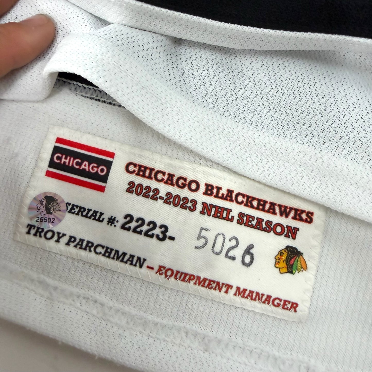 MacKenzie Entwistle #58 Home Chicago Blackhawks Game Worn Jersey 2022-2023, Set 2 | Size 58 | 5026-25502