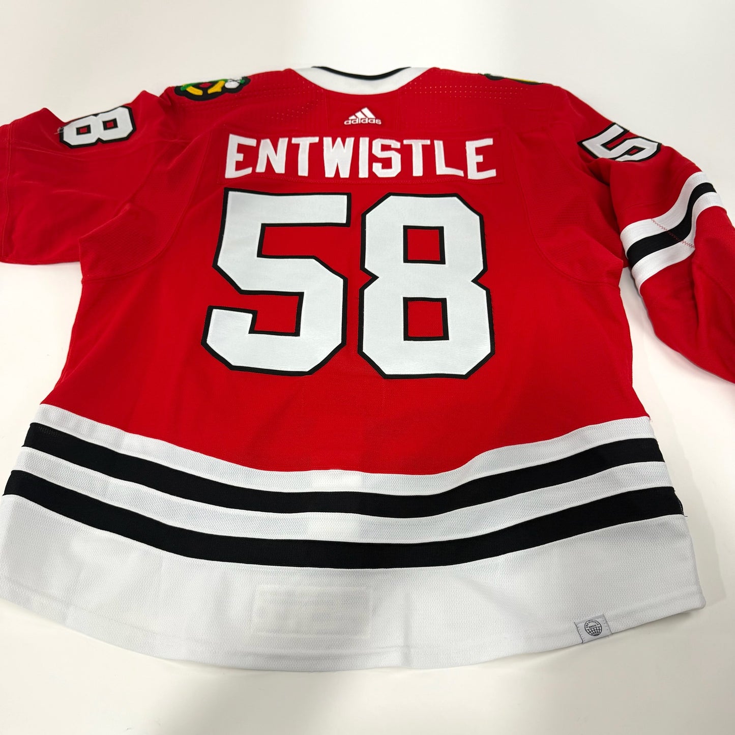 MacKenzie Entwistle #58 Home Chicago Blackhawks Game Worn Jersey 2022-2023, Set 2 | Size 58 | 5026-25502