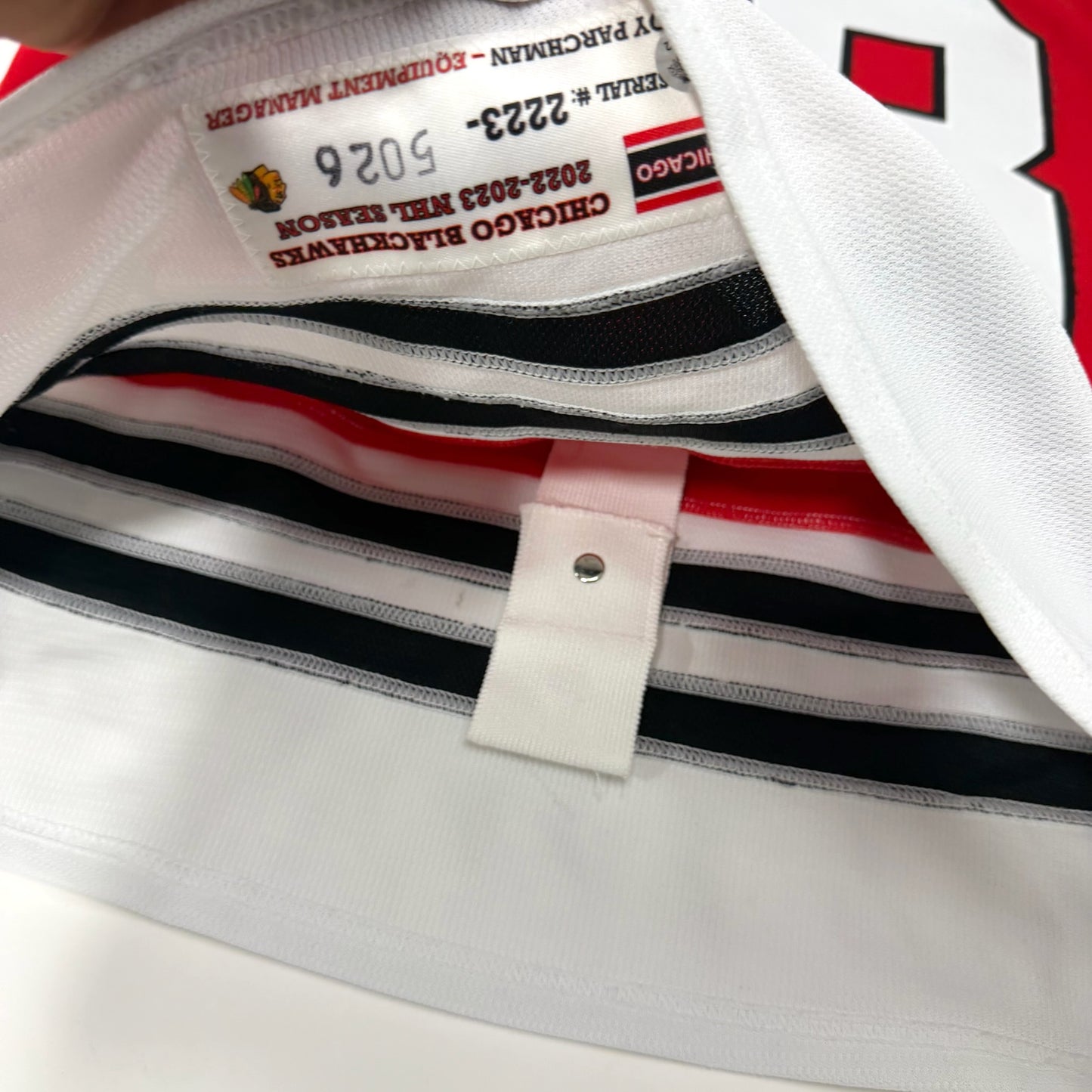 MacKenzie Entwistle #58 Home Chicago Blackhawks Game Worn Jersey 2022-2023, Set 2 | Size 58 | 5026-25502