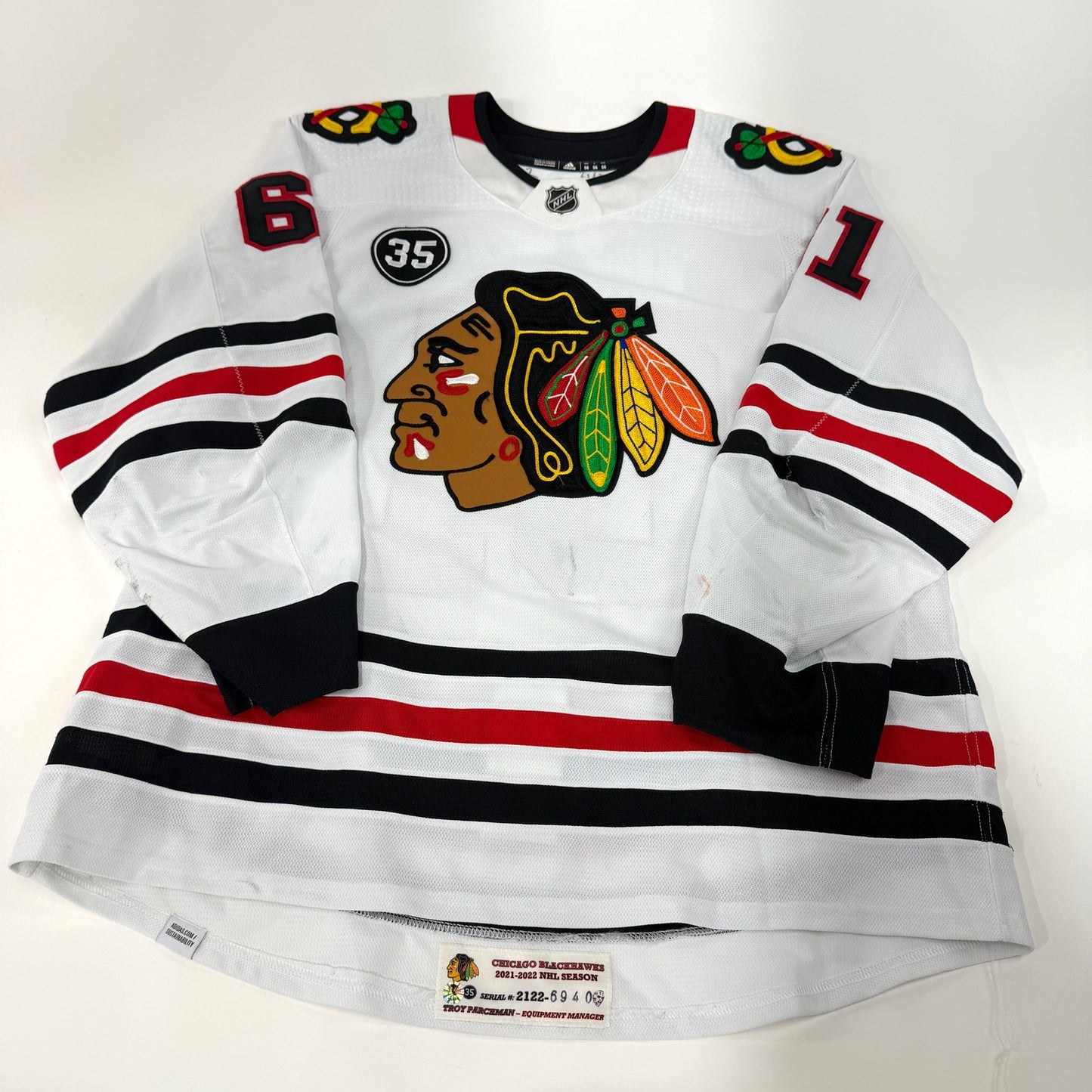 Riley Stillman #61 Away Chicago Blackhawks Game Worn Jersey 2021-2022, Set 2 | Size 56 | 6940-25554