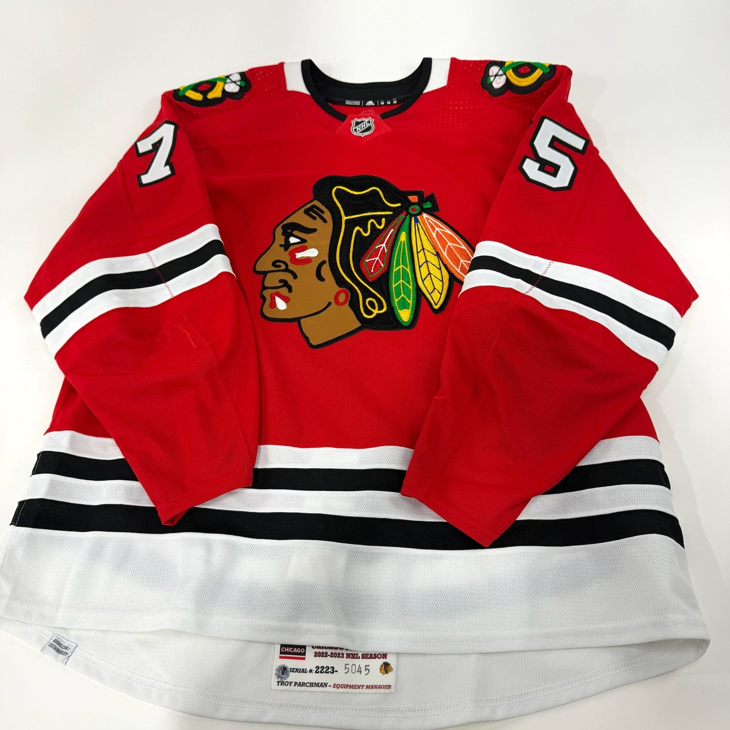 Alec Regula #75 Home Chicago Blackhawks Game Worn Jersey 2022-2023, Set 1 | Size 58 | 5045-25501