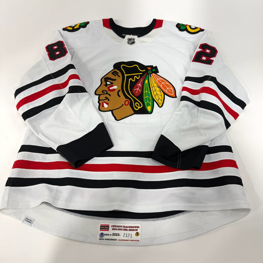 Caleb Jones #82 Away Chicago Blackhawks Game Worn Jersey 2022-2023, Set 2 | Size 58 | 2171-25511