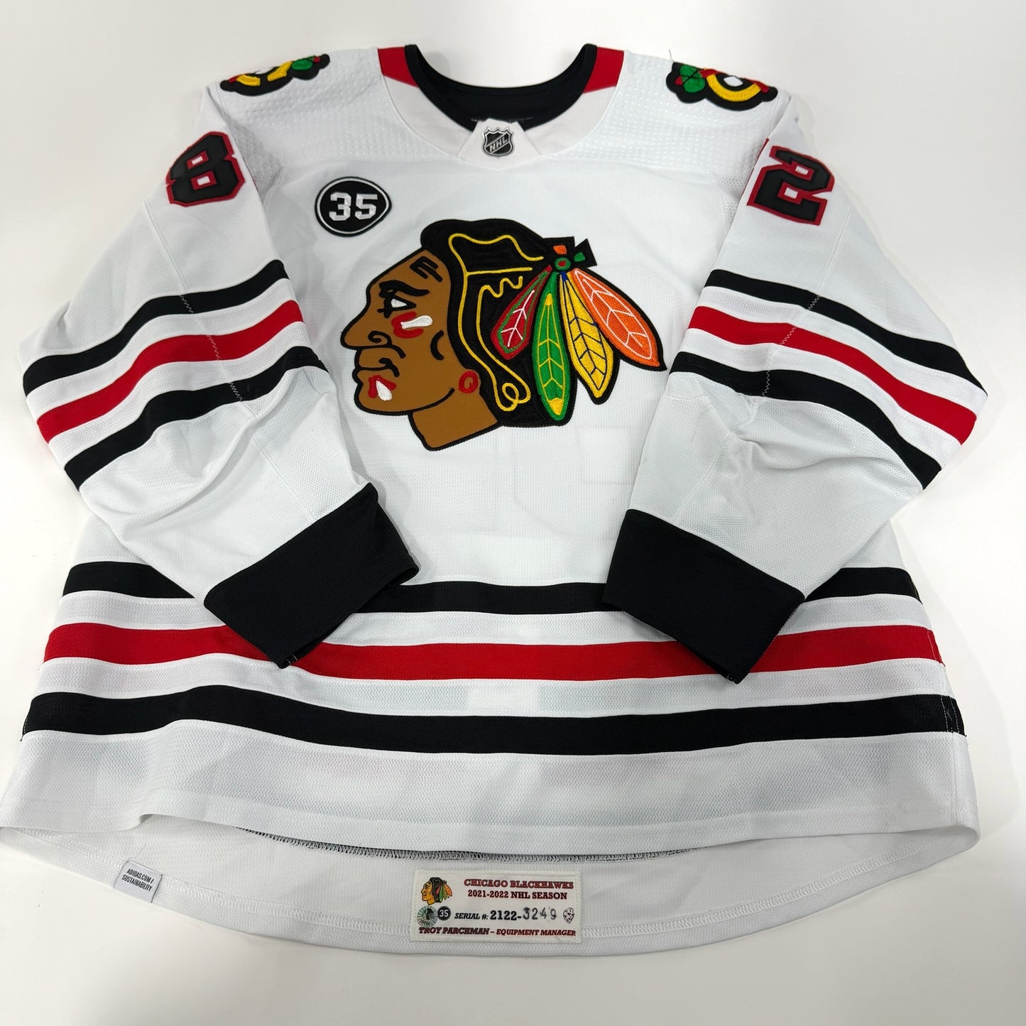 Caleb Jones #82 Away Chicago Blackhawks Game Worn Jersey 2021-2022, Set 1 | Size 58 | 3249-25559