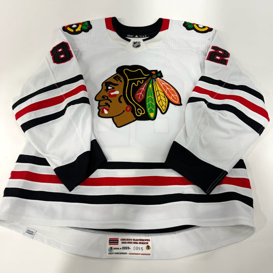 Caleb Jones #82 Away Chicago Blackhawks Game Worn Jersey 2022-2023, Set 1 | Size 58 | 895-25512