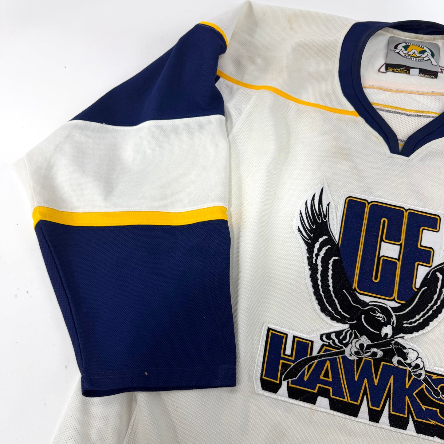 Used White and Navy Ice Hawks Game Jersey | Senior L | J109