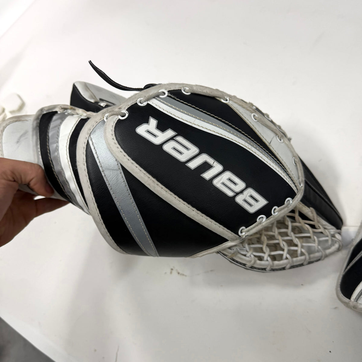 Used Black and White Regular Bauer Re-flex 6 Goalie Glove and Blocker | Junior