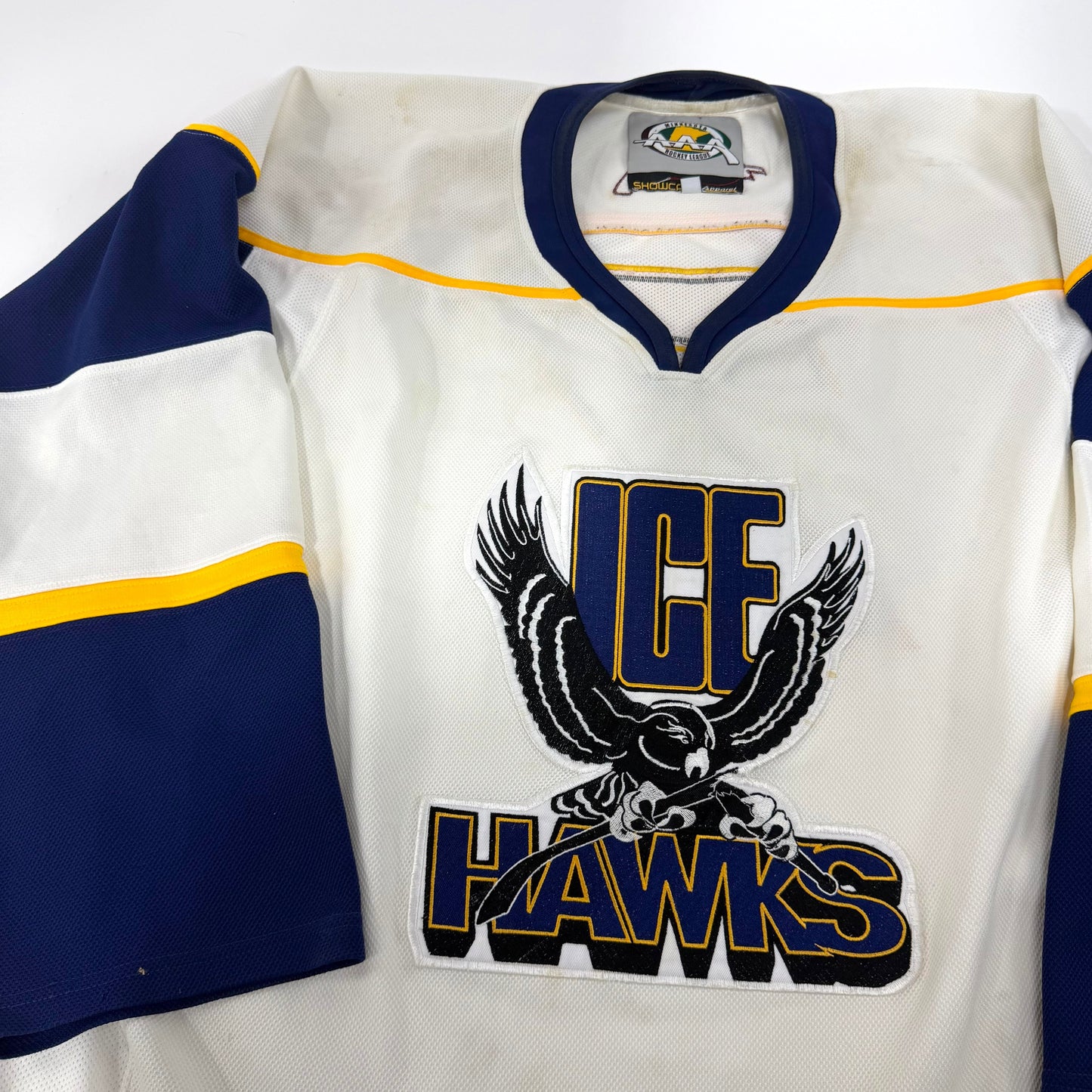 Used White and Navy Ice Hawks Game Jersey | Senior L | J109