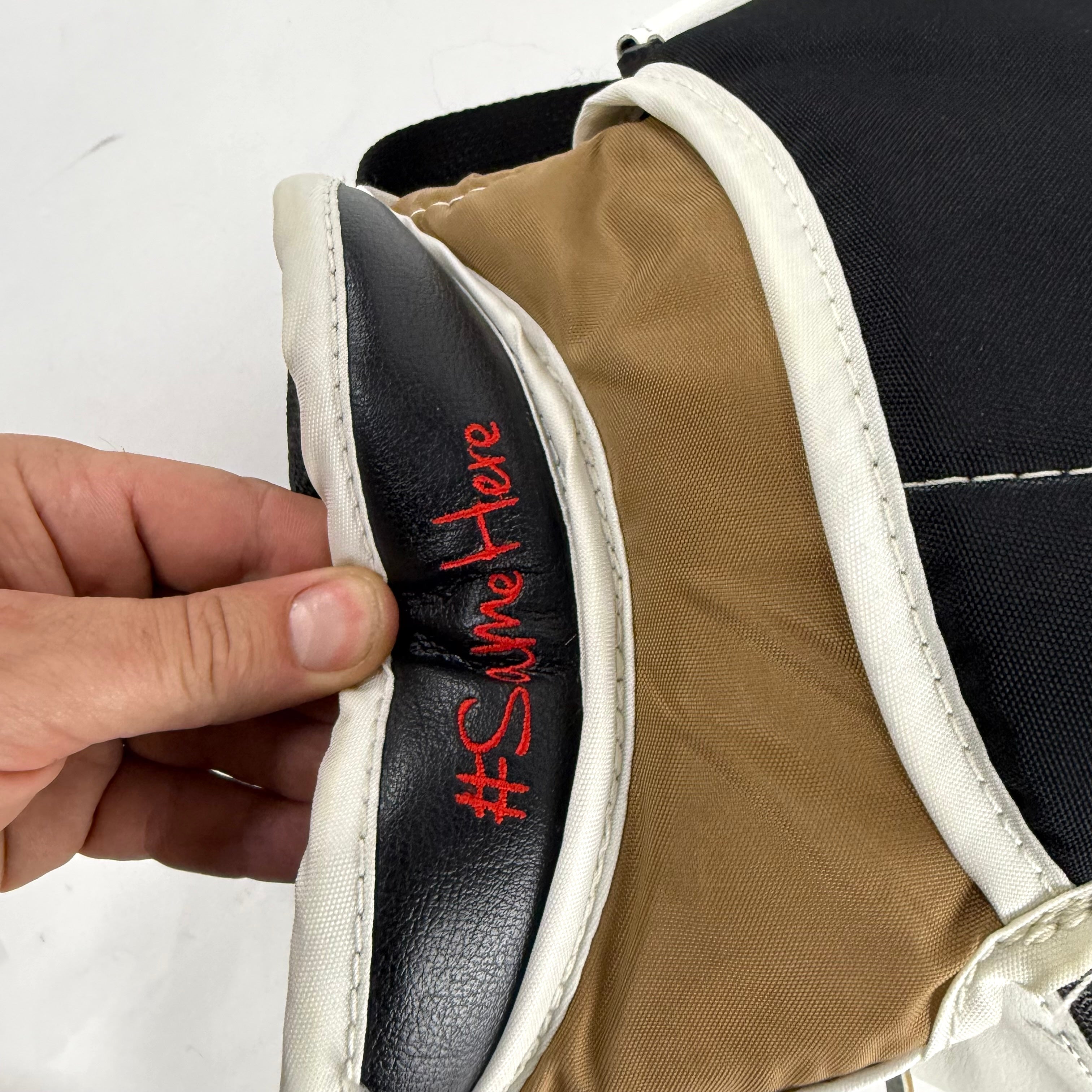 Used White/Black/Gold VGK Knights Brians Optik 2 Goalie Glove | Lehner | B621 - Top Flight Hockey