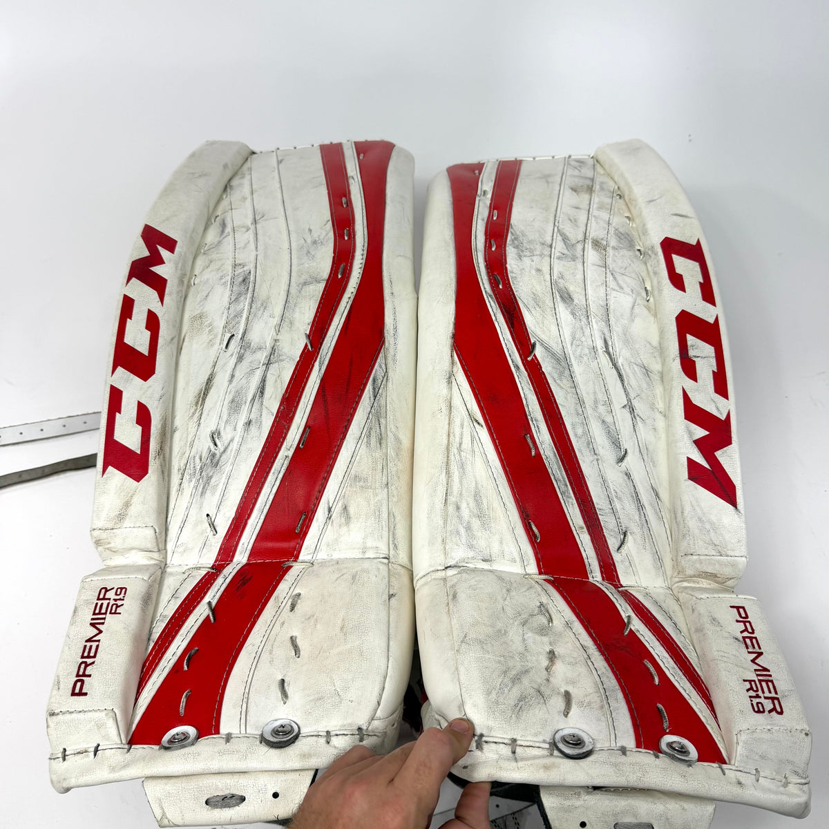 Used White and Red CCM Premier R1.9 Goalie Pads | 29+1" | AB356